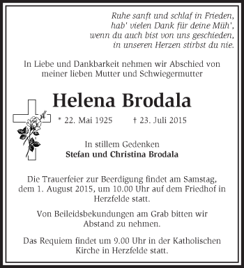 Traueranzeige von Helena Brodala von Märkische Oderzeitung