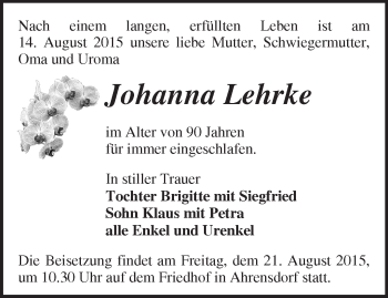 Traueranzeige von Johanna Lehrke von Märkische Oderzeitung