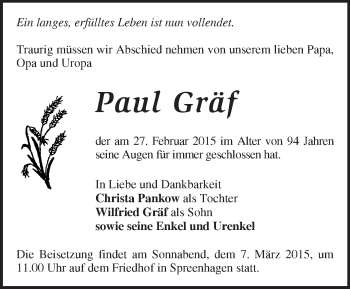 Traueranzeige von Paul Gräf von Märkische Oderzeitung