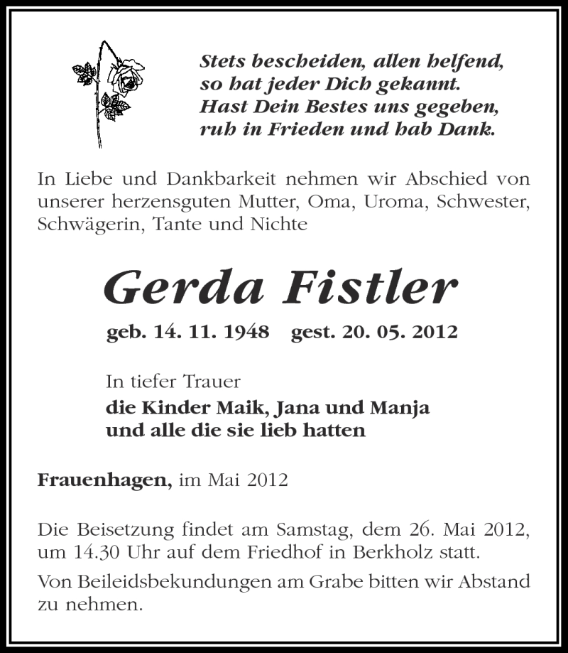  Traueranzeige für Gerda Fistler vom 24.05.2012 aus Märkische Oderzeitung