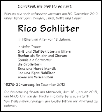 Traueranzeige von Rico Schlüter von Märkische Oderzeitung