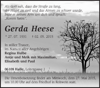 Traueranzeige von Gerda Heese von Märkische Oderzeitung