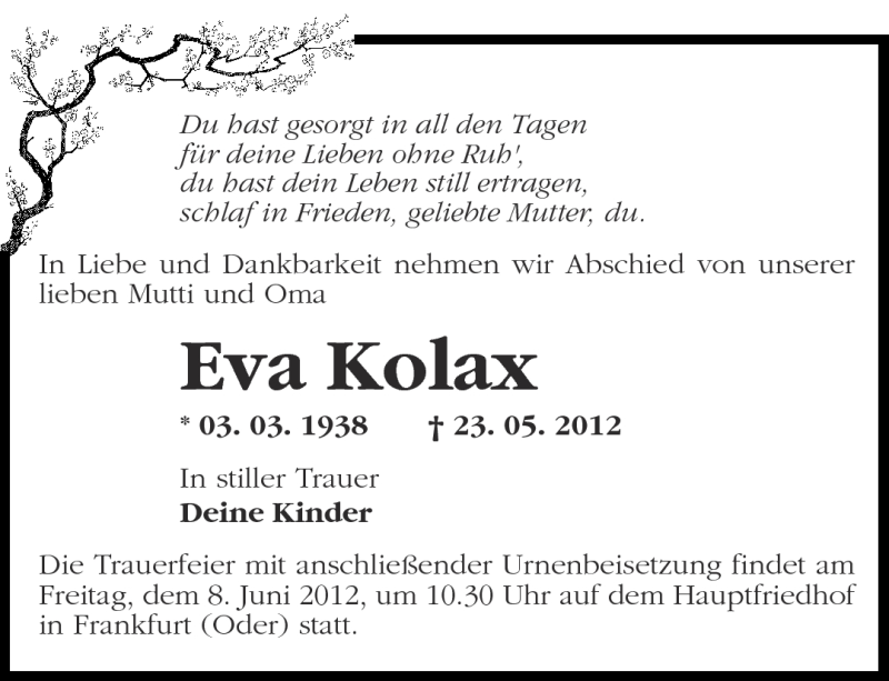  Traueranzeige für Eva Kolax vom 26.05.2012 aus Märkische Oderzeitung