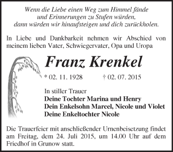 Traueranzeige von Franz Krenkel von Märkische Oderzeitung