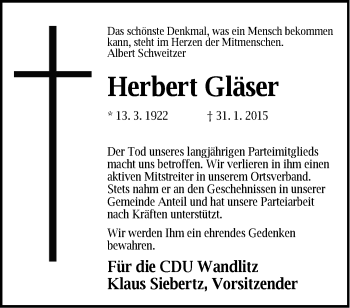 Traueranzeige von Herbert Gläser von Märkische Oderzeitung