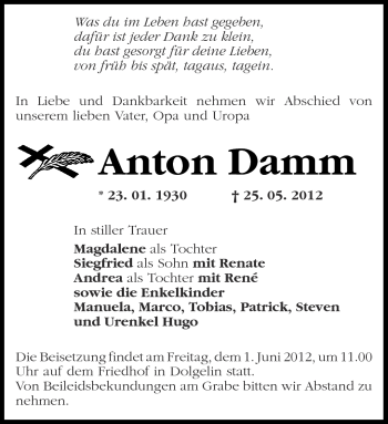 Traueranzeige von Anton Damm von Märkische Oderzeitung