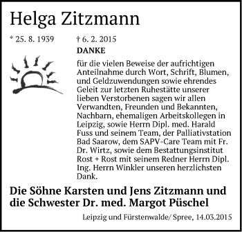 Traueranzeige von Helga Zitzmann von Märkische Oderzeitung