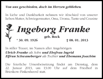 Traueranzeige von Ingeborg Franke von Märkische Oderzeitung