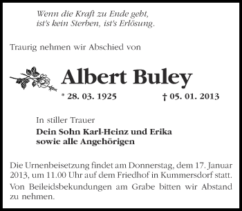 Traueranzeige von Albert Buley von Märkische Oderzeitung