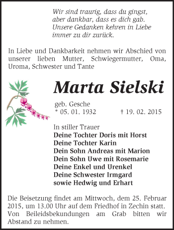Traueranzeige von Marta Sielski von Märkische Oderzeitung