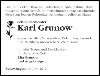 Traueranzeige von Karl Grunow von Märkische Oderzeitung