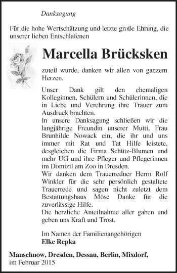 Traueranzeige von Marcella Brücksken von Märkische Oderzeitung