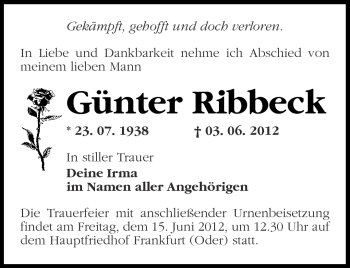 Traueranzeige von Günter Ribbeck von Märkische Oderzeitung