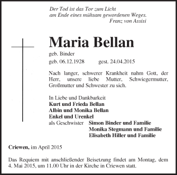 Traueranzeige von Maria Bellan von Märkische Oderzeitung