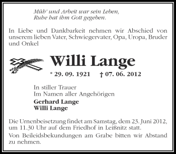 Traueranzeige von Willi Lange von Märkische Oderzeitung