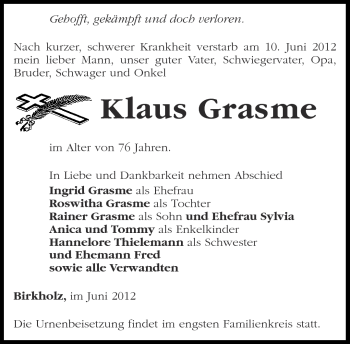 Traueranzeige von Klaus Grasme von Märkische Oderzeitung