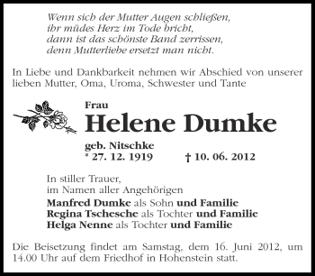 Traueranzeige von Helene Dumke von Märkische Oderzeitung