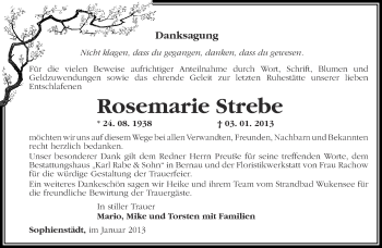 Traueranzeige von Rosemarie Strebe von Märkische Oderzeitung