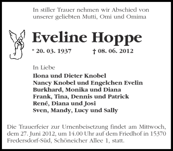 Traueranzeige von Eveline Hoppe von Märkische Oderzeitung