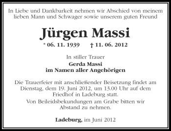 Traueranzeige von Jürgen Massi von Märkische Oderzeitung