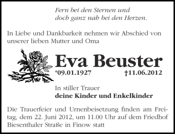 Traueranzeige von Eva Beuster von Märkische Oderzeitung
