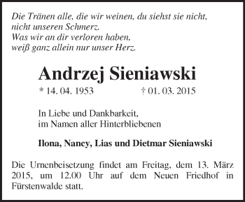 Traueranzeige von Andrzej Sieniawski von Märkische Oderzeitung