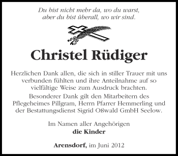 Traueranzeige von Christel Rüdiger von Märkische Oderzeitung