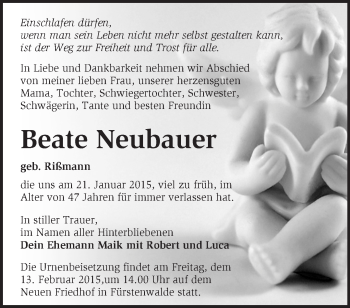 Traueranzeige von Beate Neubauer von Märkische Oderzeitung