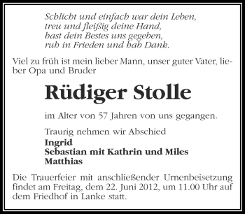 Traueranzeige von Rüdiger Stolle von Märkische Oderzeitung