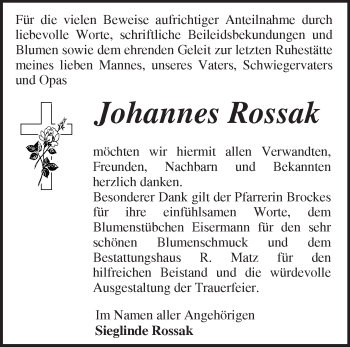 Traueranzeige von Johannes Rossak von Märkische Oderzeitung