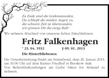 Traueranzeige von Fritz Falkenhagen von Märkische Oderzeitung