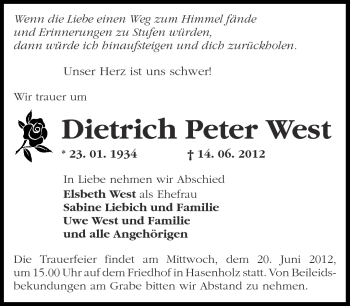 Traueranzeige von Dietrich Peter West von Märkische Oderzeitung