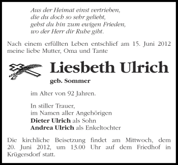 Traueranzeige von Liesbeth Ulrich von Märkische Oderzeitung