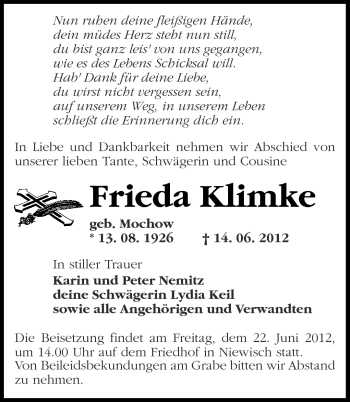 Traueranzeige von Frieda Klimke von Märkische Oderzeitung