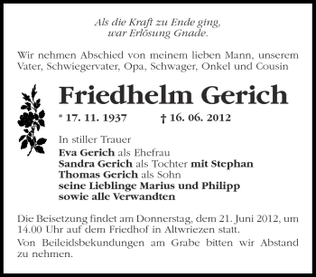 Traueranzeige von Friedhelm Gerich von Märkische Oderzeitung