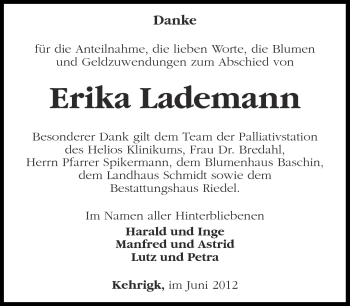 Traueranzeige von Erika Lademann von Märkische Oderzeitung