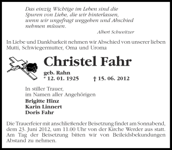 Traueranzeige von Christel Fahr von Märkische Oderzeitung