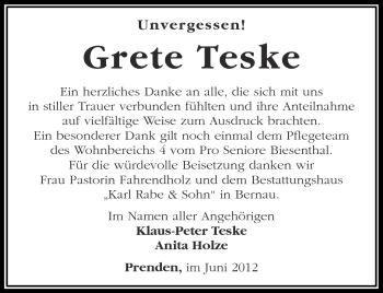 Traueranzeige von Grete Teske von Märkische Oderzeitung