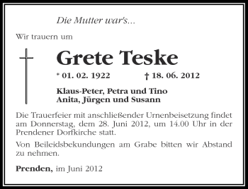 Traueranzeige von Grete Teske von Märkische Oderzeitung