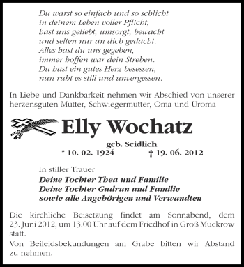 Traueranzeige von Elly Wochatz von Märkische Oderzeitung