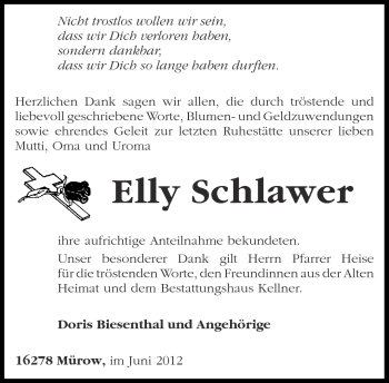 Traueranzeige von Elly Schlawer von Märkische Oderzeitung