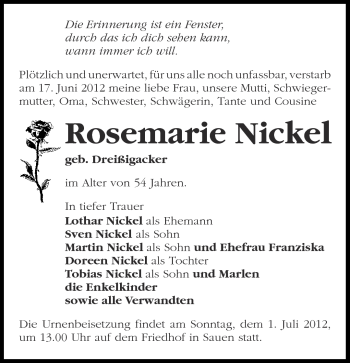 Traueranzeige von Rosemarie Nickel von Märkische Oderzeitung