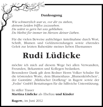 Traueranzeige von Rudi Lüdicke von Märkische Oderzeitung