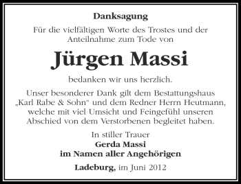 Traueranzeige von Jürgen Massi von Märkische Oderzeitung