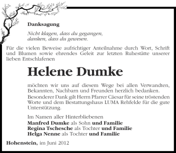 Traueranzeige von Helene Dumke von Märkische Oderzeitung