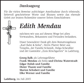 Traueranzeige von Edith Mendau von Märkische Oderzeitung