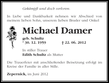 Traueranzeige von Michael Damer von Märkische Oderzeitung