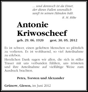 Traueranzeige von Antonie Kriwoscheef von Märkische Oderzeitung