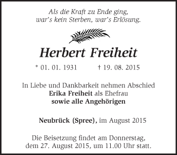 Traueranzeige von Herbert Freiheit von Märkische Oderzeitung