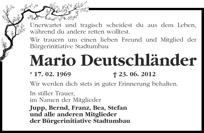  Traueranzeige für Mario Deutschländer vom 26.06.2012 aus Märkische Oderzeitung